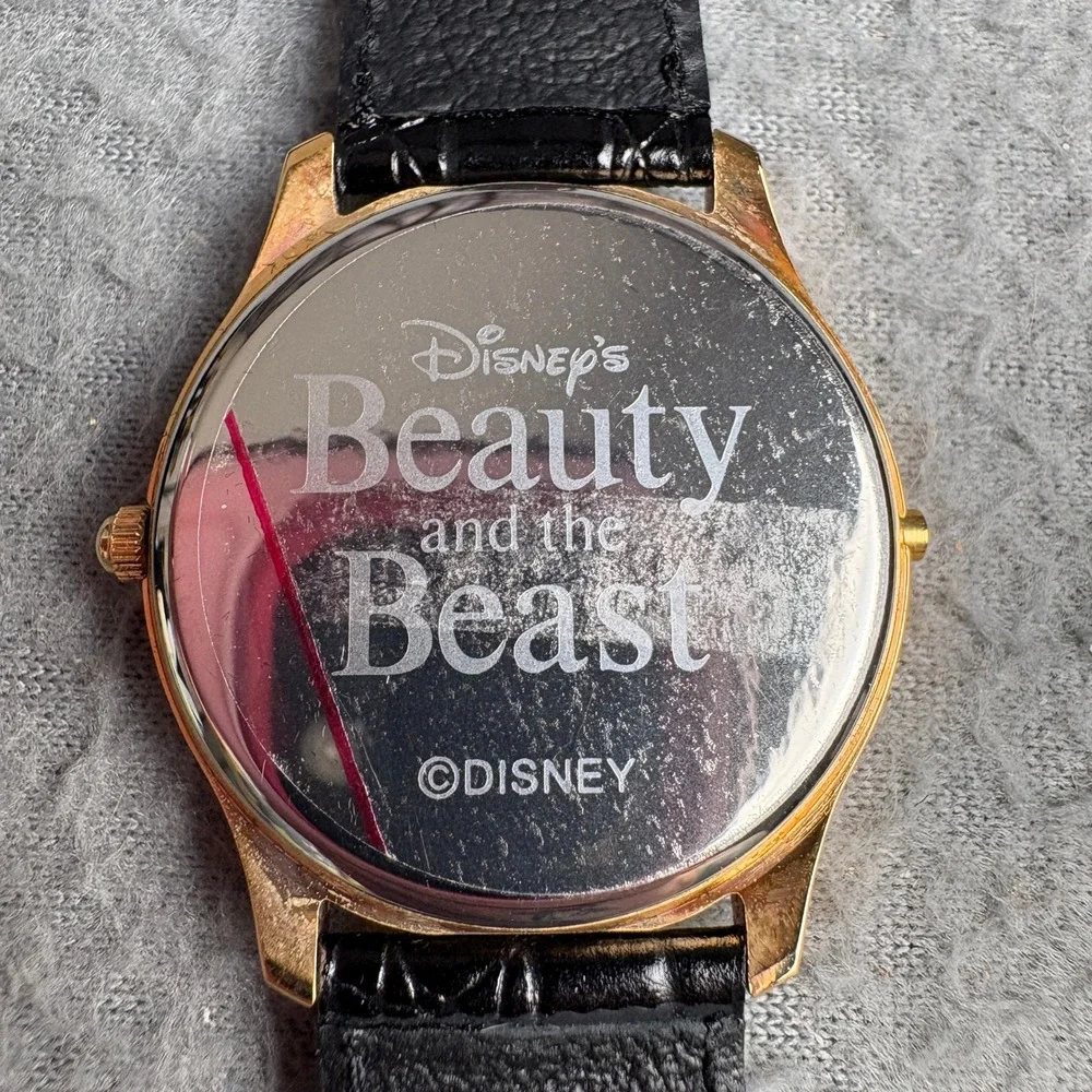 Vintage 1990s Disney Beauty and the Beast Musical Quartz Watch Gold Tone Leather